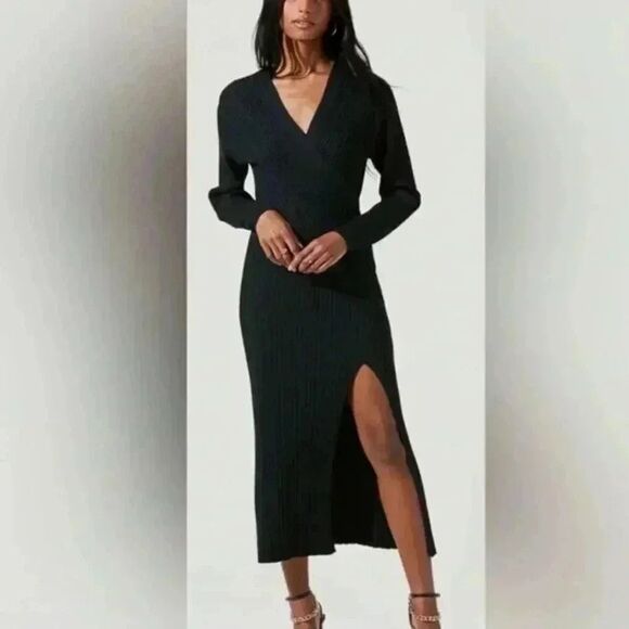 ASTR The Label ribbed black long sleeve wrap sweater dress - Picture 1 of 5